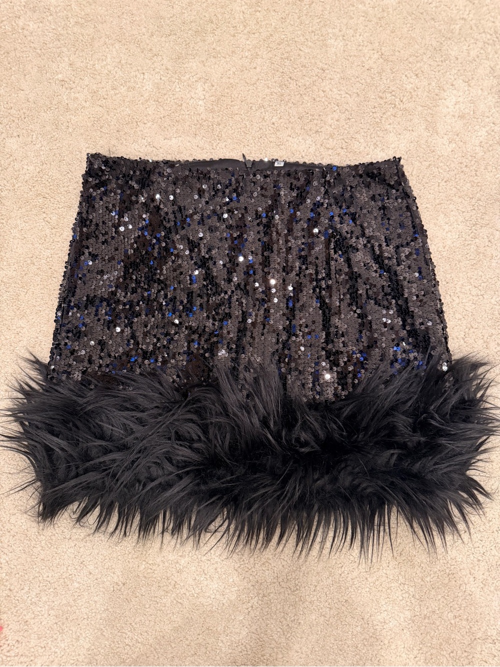 Black Sequin Mini Skirt with Feather Trim